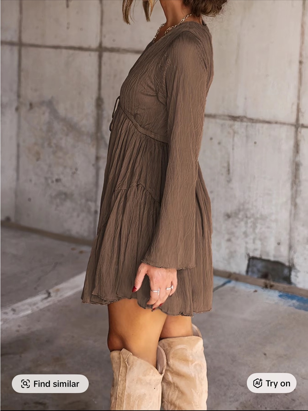 Boho V-Neck Long Sleeve Mini Dress in Taupe - Picture 2 of 4